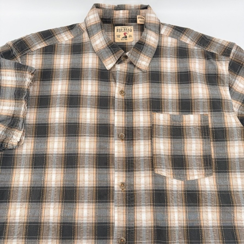 RedHead Button Down Shirt Mens 2XL Short Sleeve Plaid Brown Black Pocket Casual
